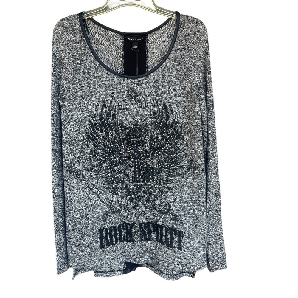 Rock & Republic Shirt Womens Small Silver Rock Spirit Cross‎ Graphic Long Sleeve